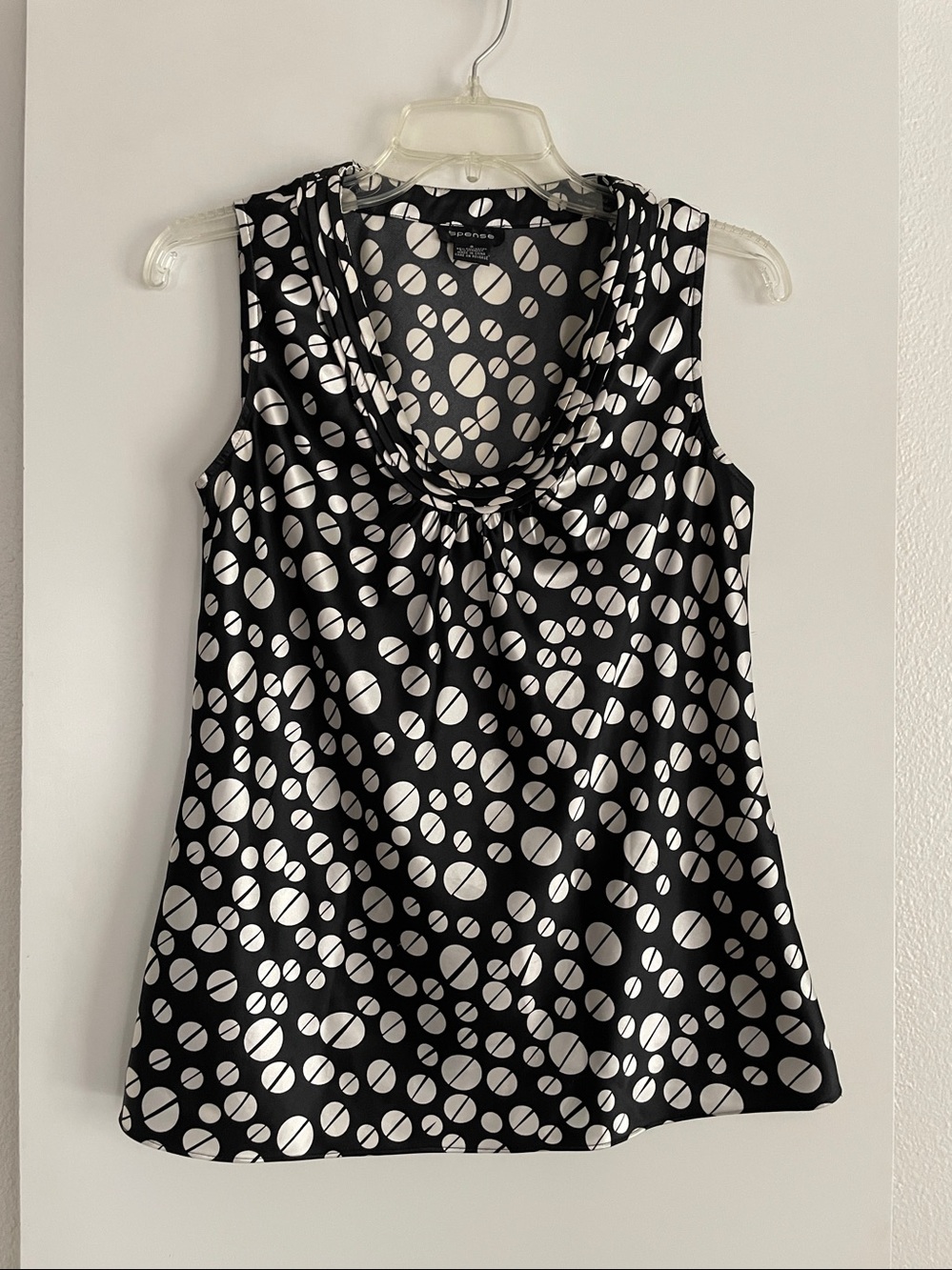 Spense Satin Black White Polka Dot Sleeveless Scoop Neck Blouse Top